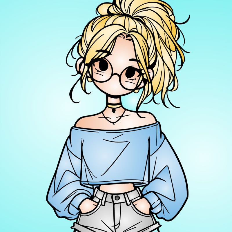 girl with a messy ponytail glasses a baggy crop top and jean shorts