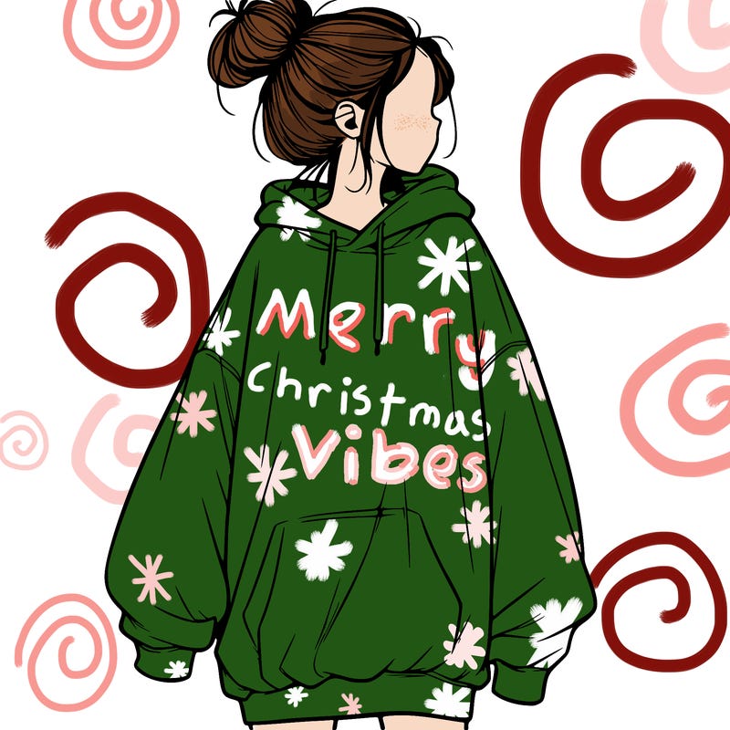 realistic girl with a oversized sweatshirt on and a bun