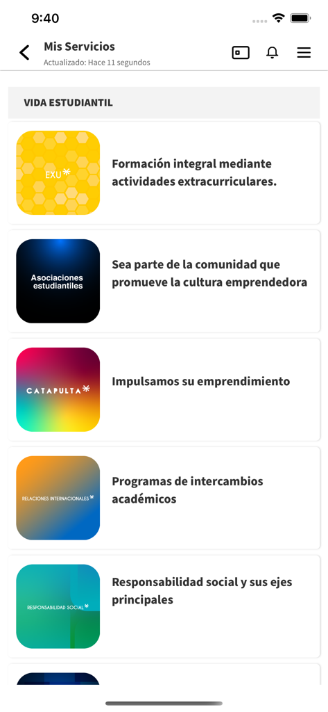 Interface do aplicativo EBC Campus Digital mostrando a seção de vida estudantil com atividades extracurriculares e programas de intercâmbio acadêmico.