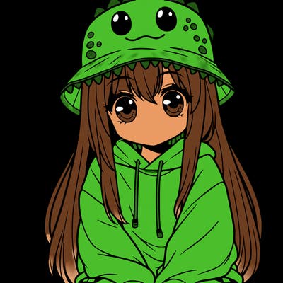 girl with anime shaped eyes with a dinosaur bucket hat oversized sweatshirt long straight hair