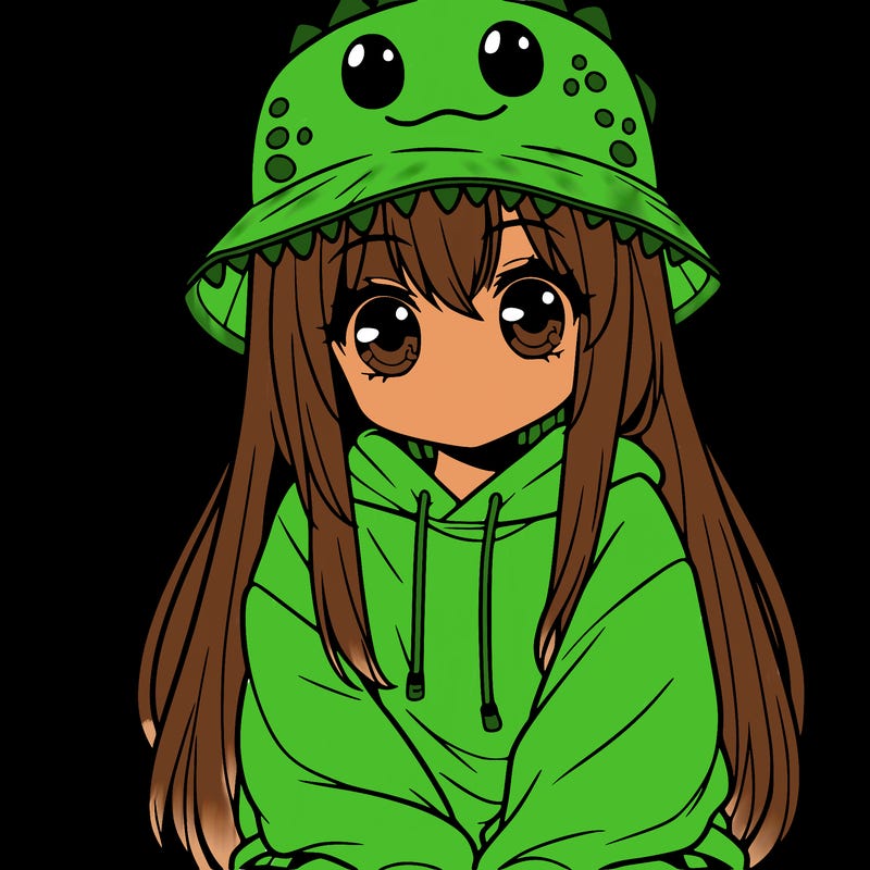 girl with anime shaped eyes with a dinosaur bucket hat oversized sweatshirt long straight hair