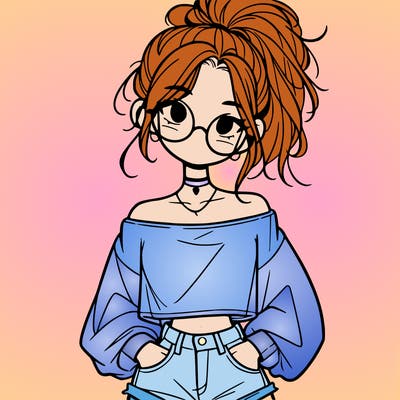 girl with a messy ponytail glasses a baggy crop top and jean shorts