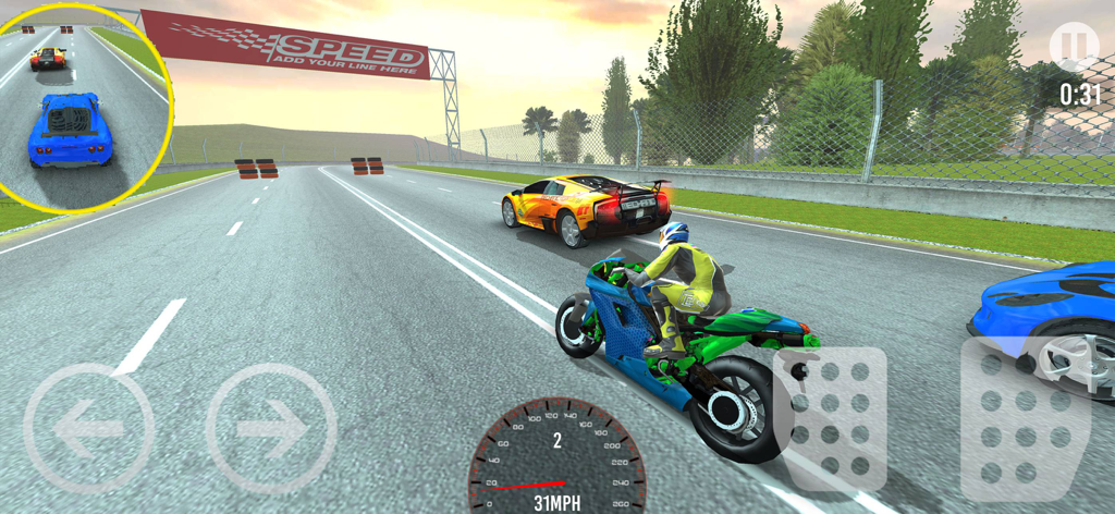 Car vs Bike Racing - Race Game - A motorcycle racing against sports cars on a 3D track with visible game controls