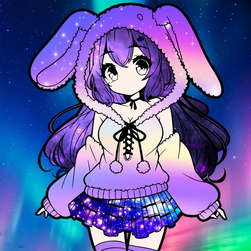 pretty anime girl wearing a fluffy hoodie with bunny ears on the hood and a skirt