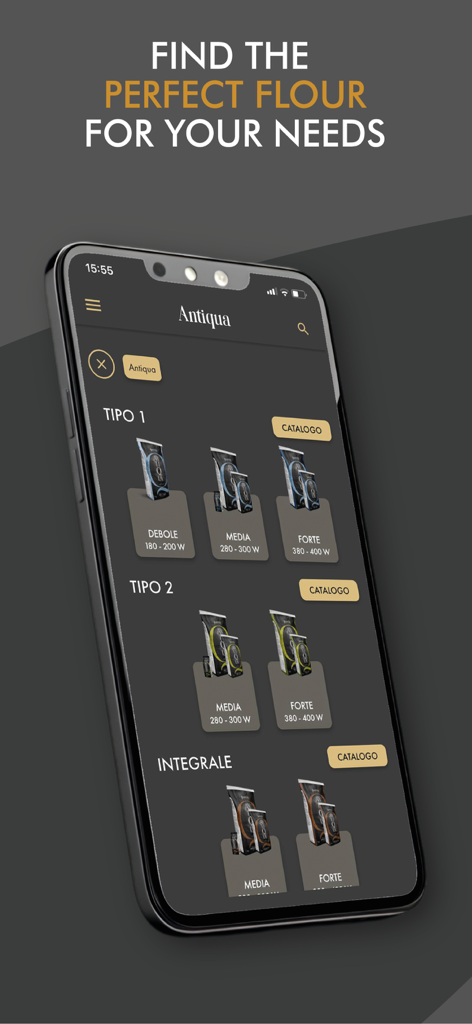 Bildschirm zur Auswahl professioneller Mehle in der Bongiovanni-Mobil-App mit verschiedenen Mehlsorten und technischen Daten.