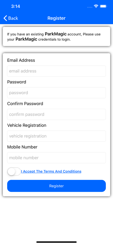 Cork Park by Phone - User registration interface for Cork Park by Phone showing fields for email password and vehicle registration