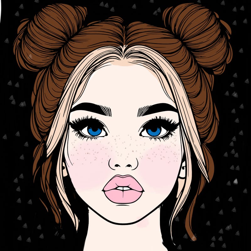 realistic girl with two buns on her hair and lips