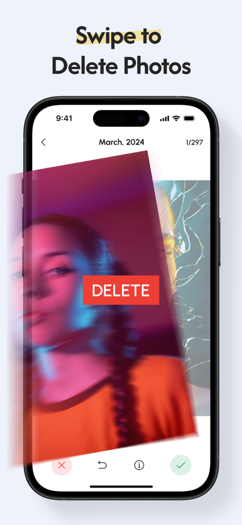 Genie - Phone Storage Cleaner - スマートフォン画面にGenieアプリの写真スワイプ削除機能が表示されています。