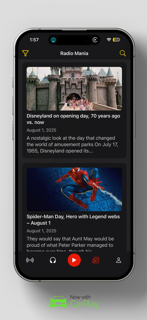 Radio Mania (Sound Hub) - La interfaz de la aplicación Radio Mania que muestra un feed curado de historias y noticias de entretenimiento con integración CarPlay.