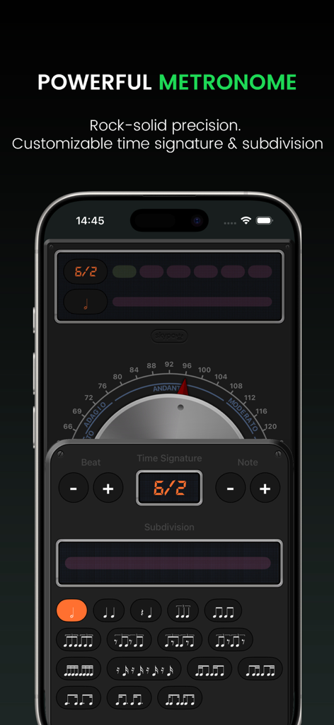 Metronome Tuner X: Pro Guitar - カスタマイズ可能な拍子記号と音符のサブディビジョンを備えた強力なメトロノームを示すMetronome Tuner Xアプリのインターフェース