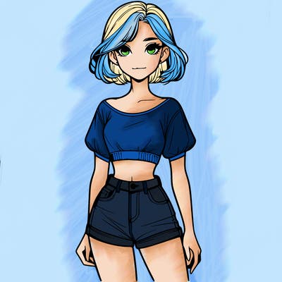 a realistic girl with her hair up in a crop top and shorts