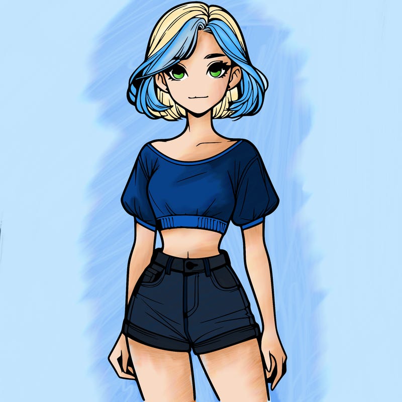 a realistic girl with her hair up in a crop top and shorts
