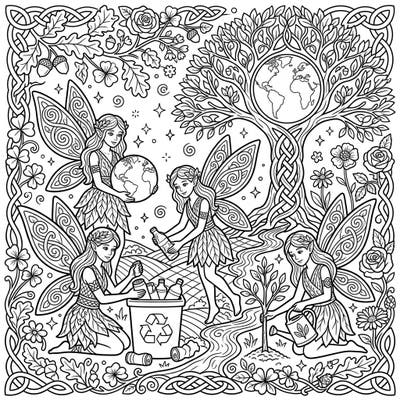 Immerse yourself in a magical Earth Day celebration with these beautiful Celtic fairies. This captivating coloring page encourages environmental stewardship through enchanting nature scenes and recycling themes.