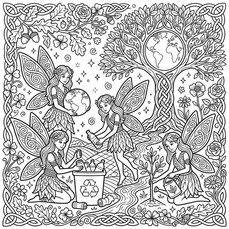 Immerse yourself in a magical Earth Day celebration with these beautiful Celtic fairies. This captivating coloring page encourages environmental stewardship through enchanting nature scenes and recycling themes.