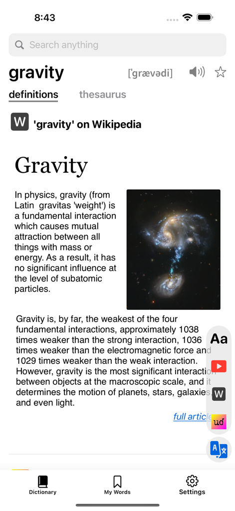 Deep Dictionary - Mobile screen of Deep Dictionary app showing a Wikipedia entry and scientific image for the word gravity