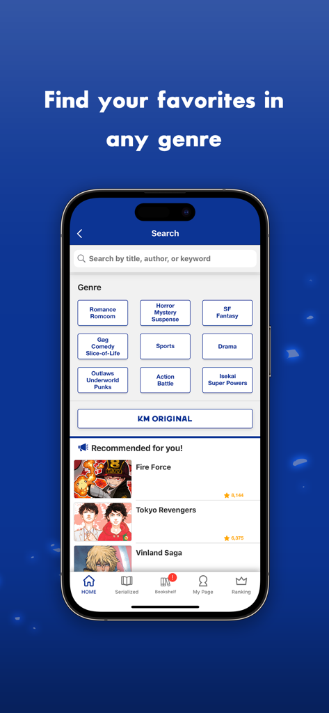 K MANGA app search interface showing manga genre categories and personalized recommendations