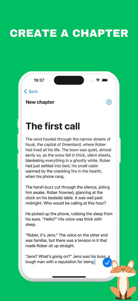 MrsWriter for writers - Mobile screen showing the writing interface of MrsWriter app with a new chapter titled The first call