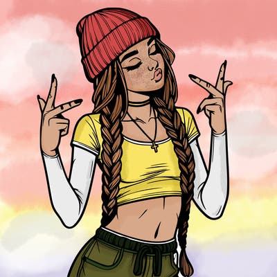realistic teenage girl with braids and a beanie and crop top doing 🫶🏼