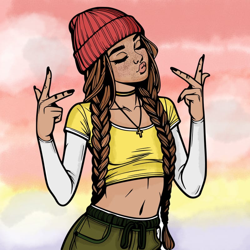realistic teenage girl with braids and a beanie and crop top doing 🫶🏼