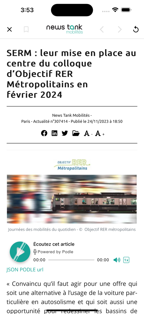 News Tank - Tela do aplicativo News Tank mostrando um artigo profissional sobre mobilidade e transporte metropolitano com um player de áudio integrado.