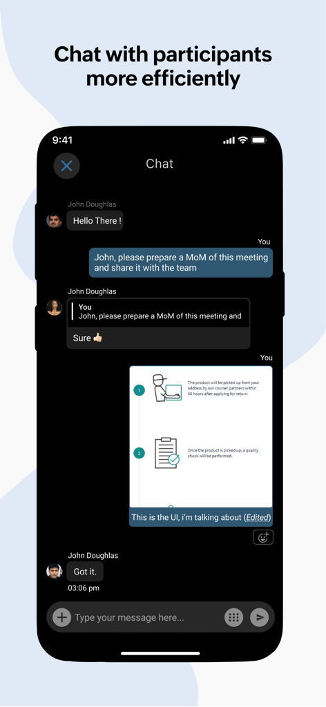 Zoho Meeting - Online Meetings - Zoho Meeting mobile chat interface showing real-time messaging and file sharing between participants