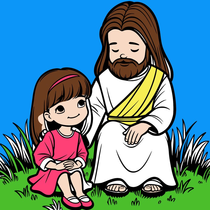girl sitting next to jesus on some grass