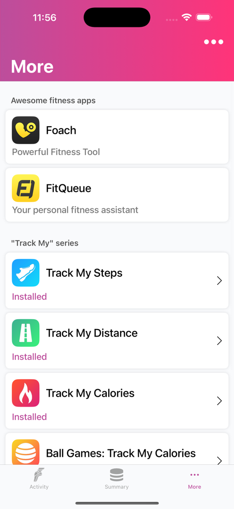 The More screen of the Dance Track My Calories app showing a list of recommended fitness applications and the Track My series collection