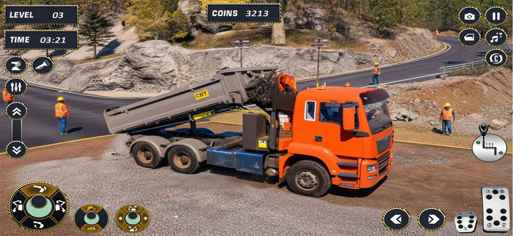 Orange dumper truck on a road construction site in a simulator game