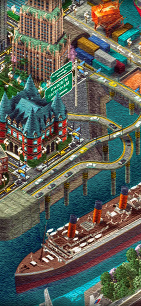 City Builder - NewYork - Retro isometric city building game of 1997 New York with a cruise ship and highway overpass
