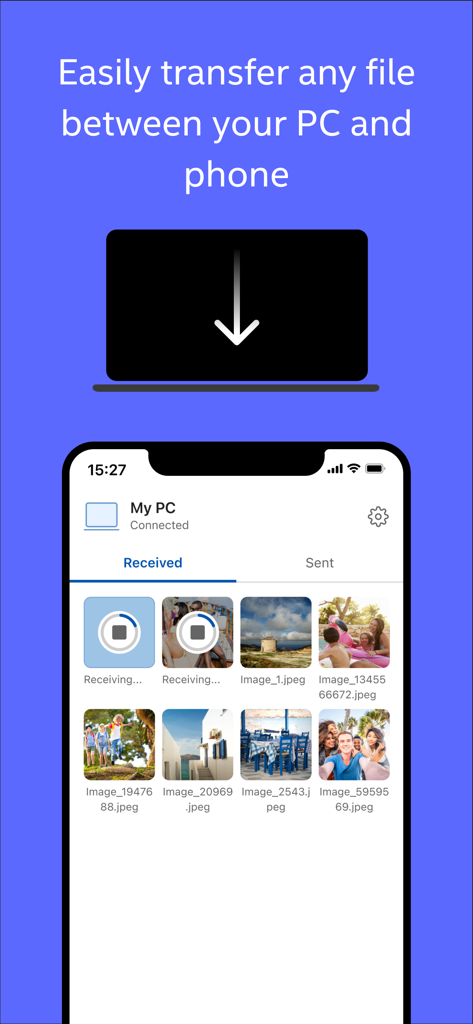 Intel Unison app interface on a smartphone displaying photo file transfers from a connected PC