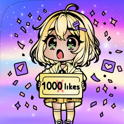 a chibi girl with a shocked expression with a sign that says "1000 likes" with confetti around her
