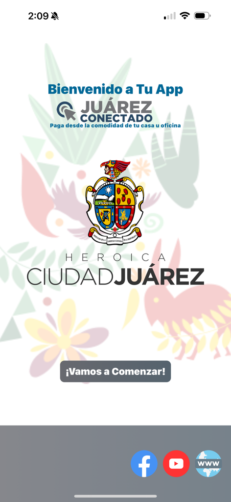 Juárez Conectado - Welcome screen of the Juárez Conectado app with the official Ciudad Juárez coat of arms and a button to start