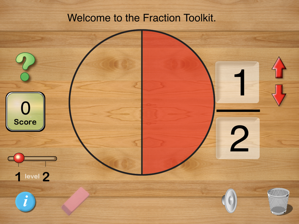 Um diagrama circular representando a fração um meio no aplicativo educacional Fraction Toolkit.