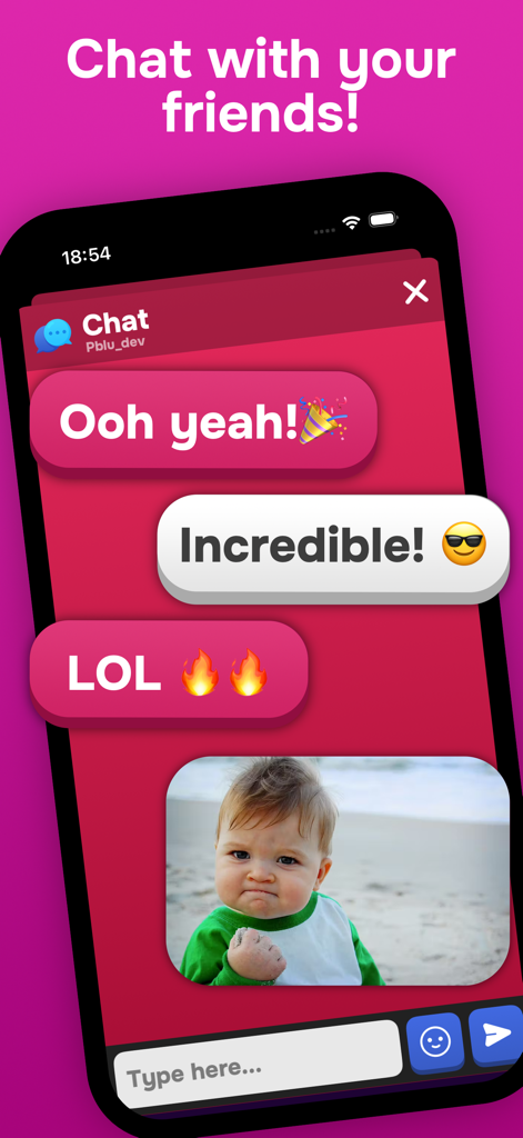 Un smartphone mostrando una interfaz de chat con amigos, incluyendo burbujas de mensajes con emojis y un meme popular de bebé.