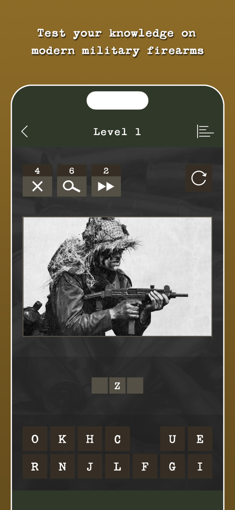 Guess the Modern Firearm - Gameplay screen of Guess the Modern Firearm trivia game showing a weapon identification level with a soldier holding a firearm