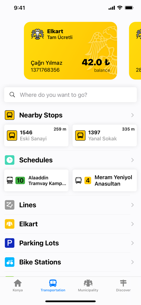 Mobile app interface of the Konya City Guide showing transportation features like bus schedules, nearby stops, and transit card balance.