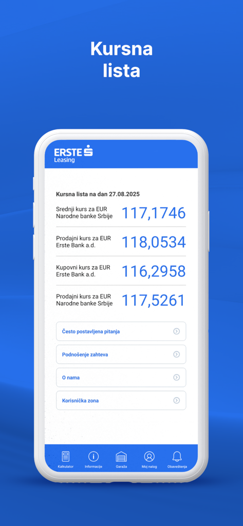 Erste Leasing Srbija - Erste Leasing Srbija app screen showing Serbian Dinar exchange rates for Euro from the National Bank and Erste Bank