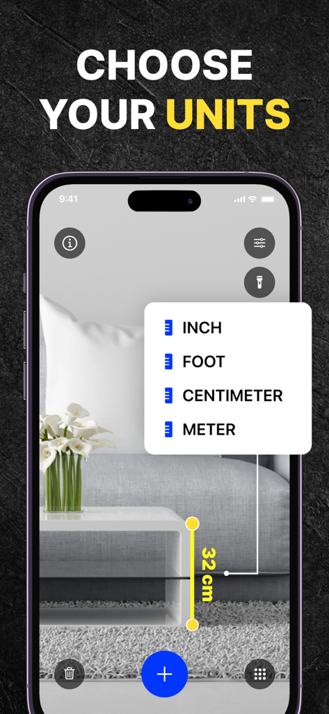 The Measuring Tape+ app displaying unit selection for AR measurements including inch foot centimeter and meter