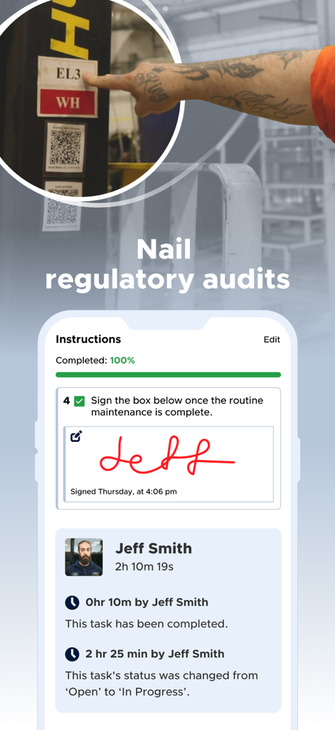 Limble CMMS - Limble CMMS app interface showing a digital signature and completed maintenance task for regulatory audits