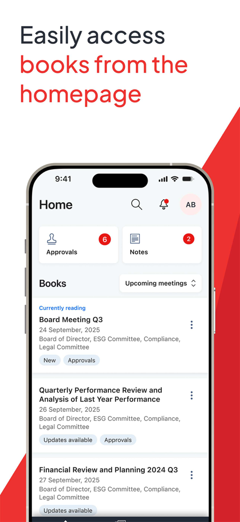 Diligent Boards app homepage displaying meeting materials and approvals for corporate governance