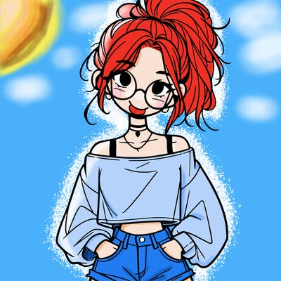 girl with a messy ponytail glasses a baggy crop top and jean shorts