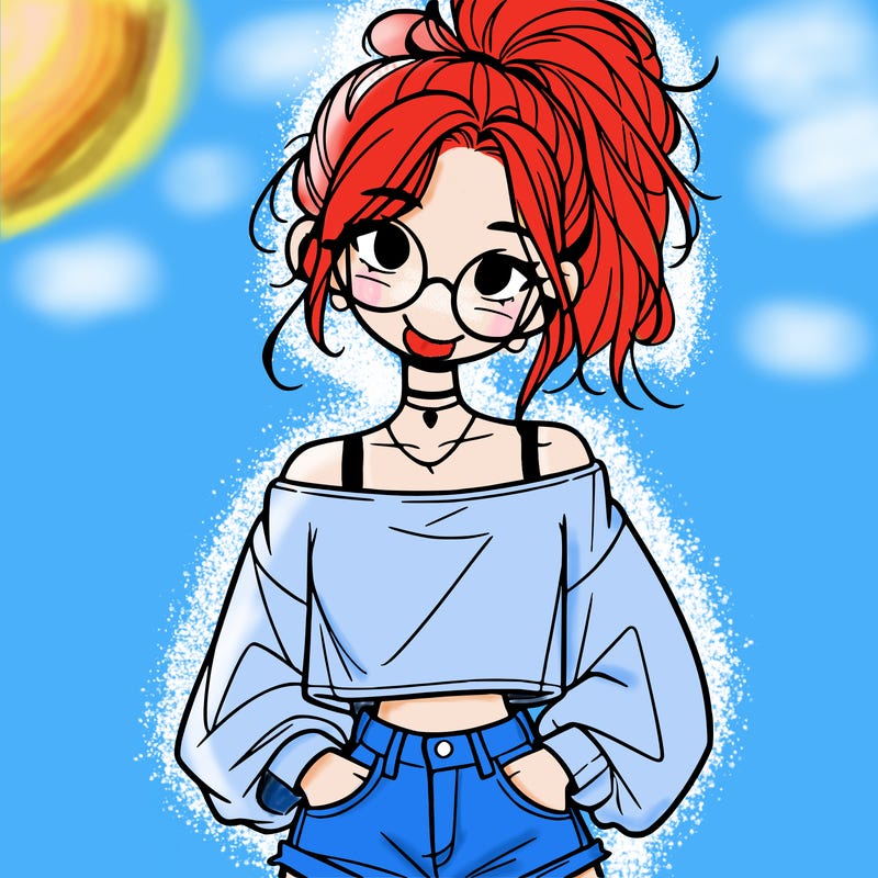 girl with a messy ponytail glasses a baggy crop top and jean shorts