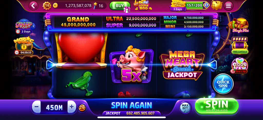 Gameplay screenshot of Mega Heart Smash Jackpot in DoubleU Casino featuring a Cupid pig multiplier and neon slot interface.
