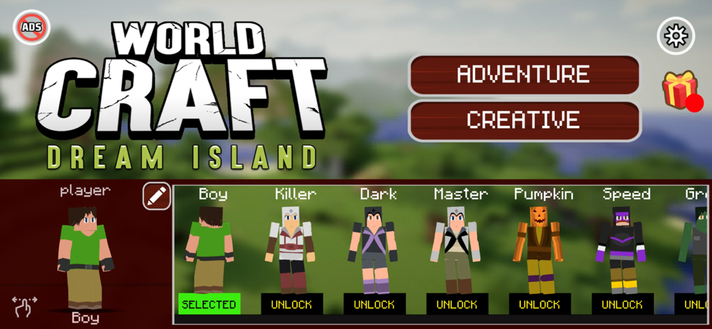 O menu principal de World Craft Dream Island mostrando os botões de modo aventura e criativo e uma barra de seleção de skins de personagem.