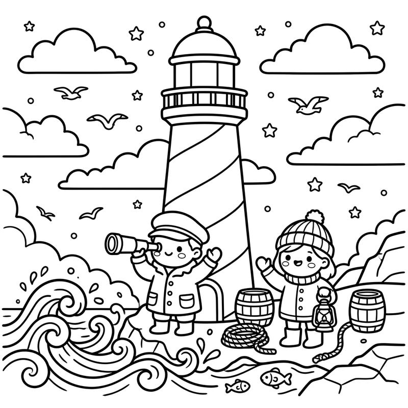 Discover the delightful world of our Kawaii Lighthouse Keepers, ready for an ocean adventure! This charming coloring page brings together adorable characters and a whimsical seaside scene, perfect for sparking creativity.