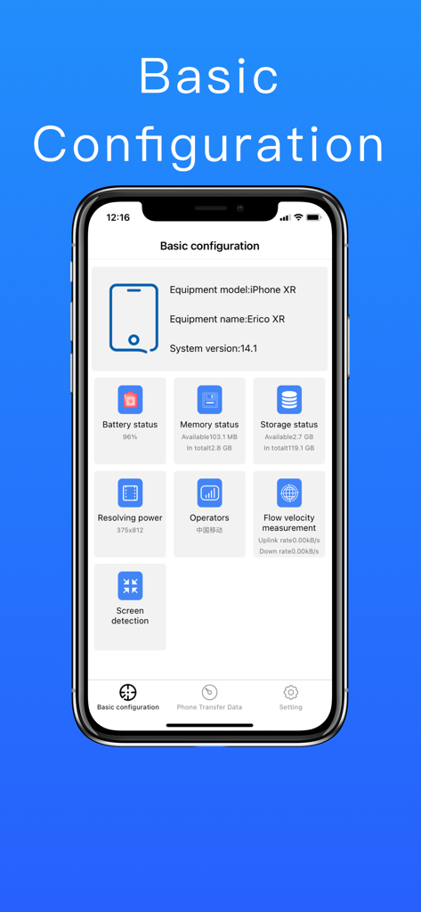 Captura de tela do aplicativo Phone Clone mostrando a configuração básica com informações do sistema do iPhone XR e status da bateria