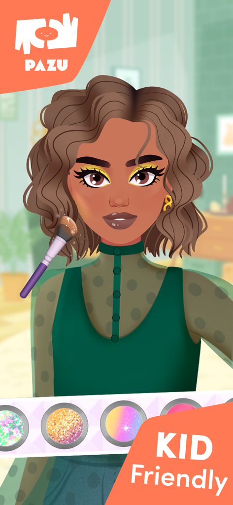 Uma personagem com sombra amarela e cabelo cacheado no jogo infantil Makeup Salon