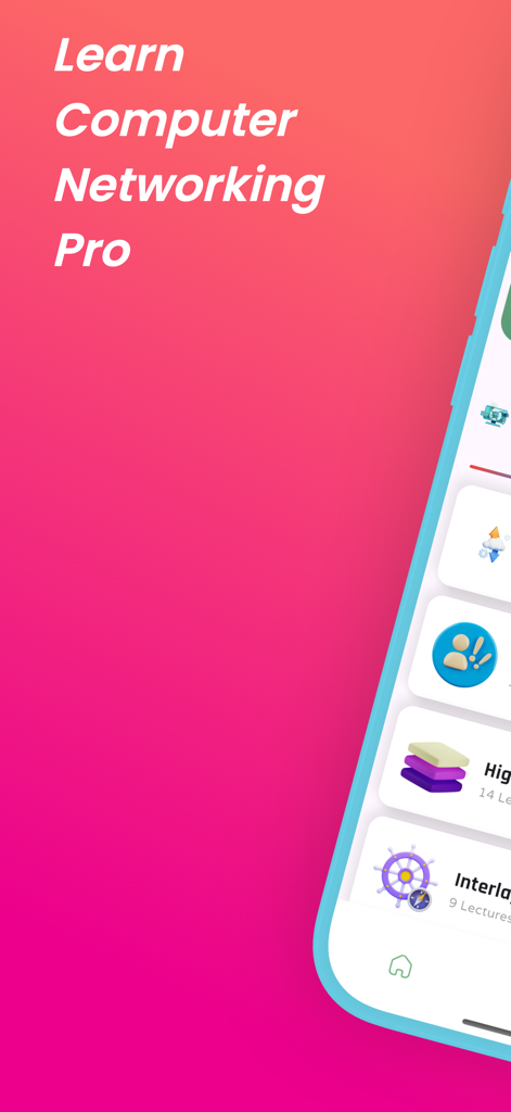Learn Computer Networking Pro - Introductory screen of the Learn Computer Networking Pro app displaying course categories and a pink gradient background