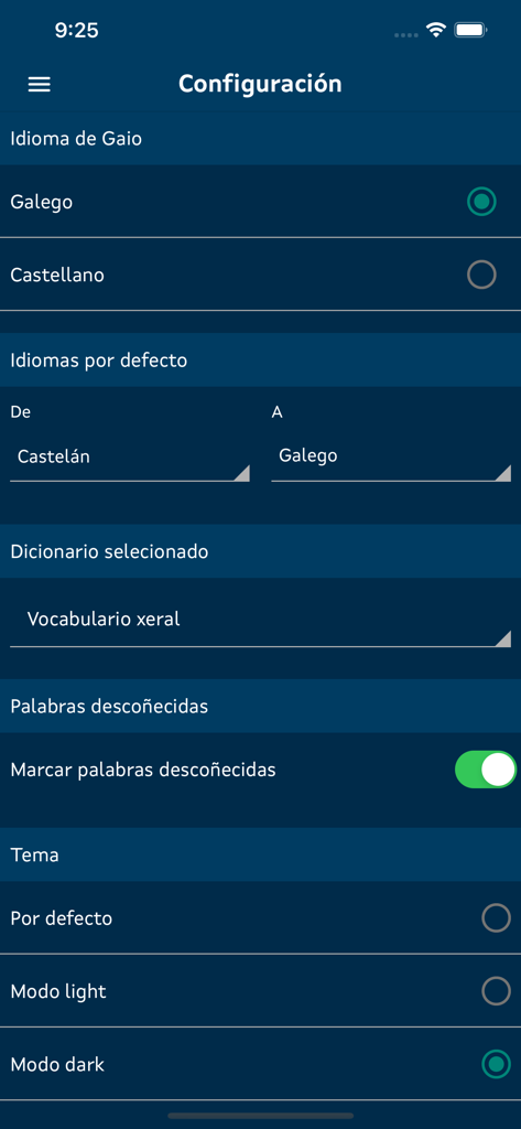 Menú de configuración de la app Tradutor Gaio mostrando la configuración de idioma y tema.