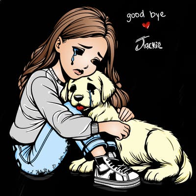 realistic girl crying with a realistic dog laying on her lap